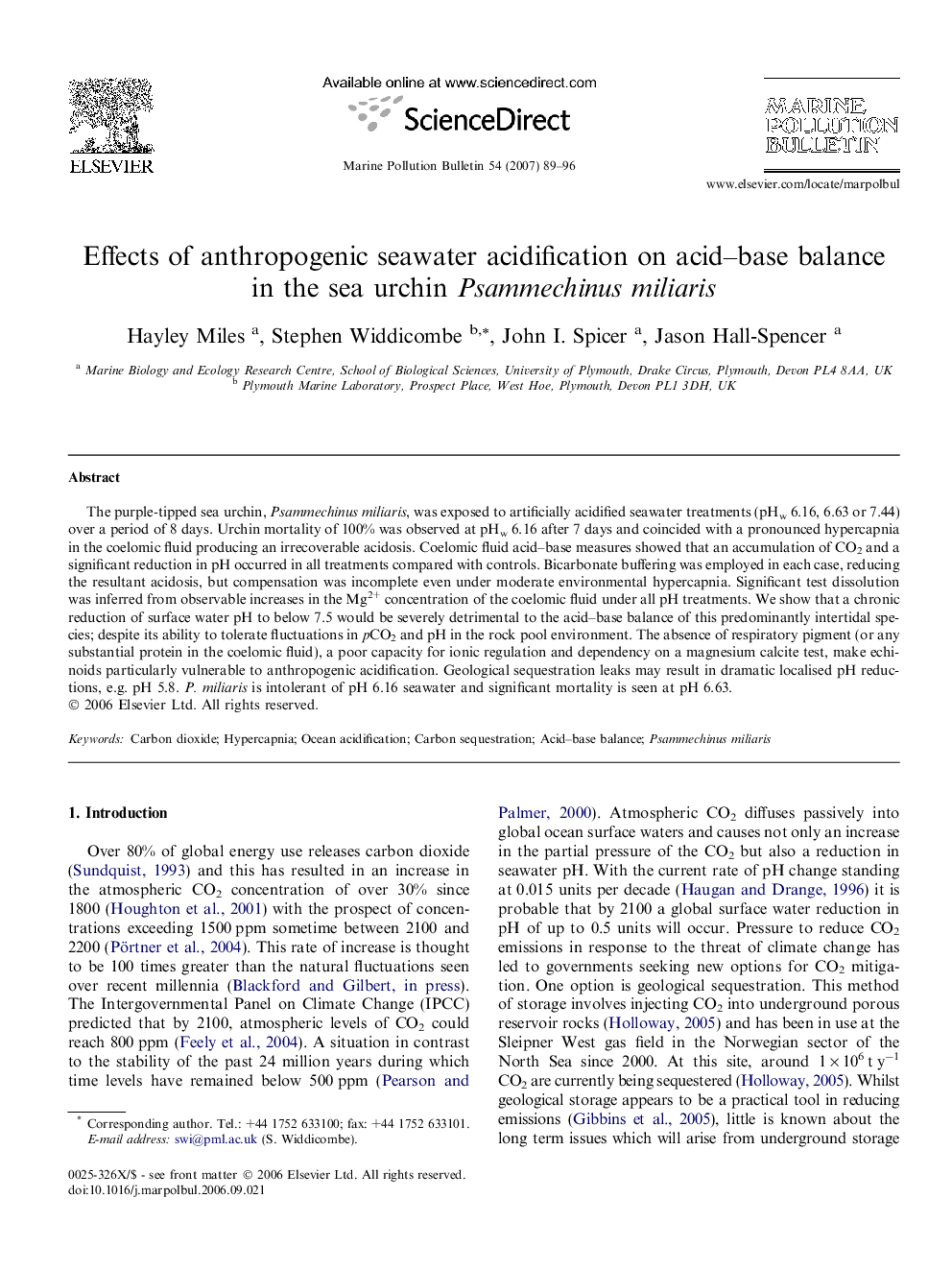 Effects of anthropogenic seawater acidification on acid–base balance in the sea urchin Psammechinus miliaris