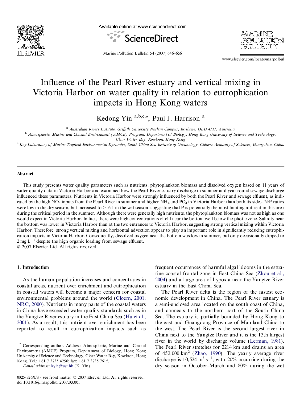 Influence of the Pearl River estuary and vertical mixing in Victoria Harbor on water quality in relation to eutrophication impacts in Hong Kong waters