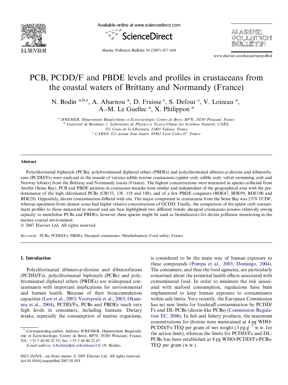 PCB, PCDD/F and PBDE levels and profiles in crustaceans from the coastal waters of Brittany and Normandy (France)