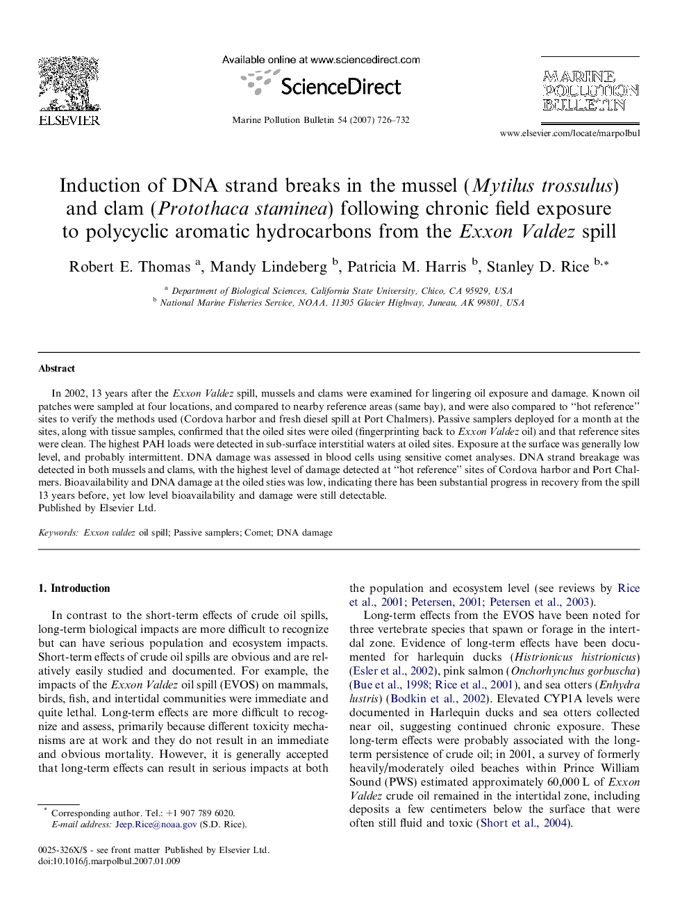 Induction of DNA strand breaks in the mussel (Mytilus trossulus) and clam (Protothaca staminea) following chronic field exposure to polycyclic aromatic hydrocarbons from the Exxon Valdez spill