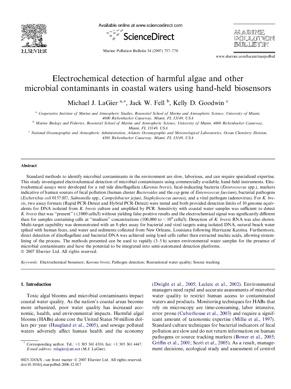 Electrochemical detection of harmful algae and other microbial contaminants in coastal waters using hand-held biosensors