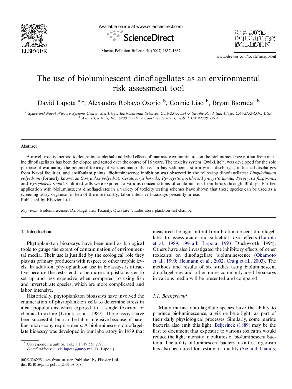 The use of bioluminescent dinoflagellates as an environmental risk assessment tool