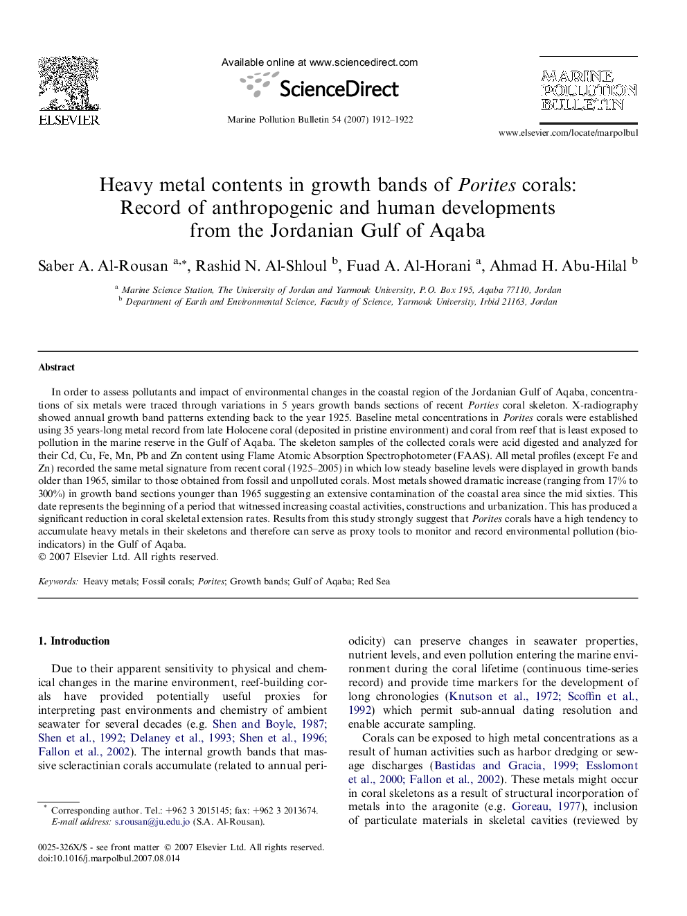 Heavy metal contents in growth bands of Porites corals: Record of anthropogenic and human developments from the Jordanian Gulf of Aqaba