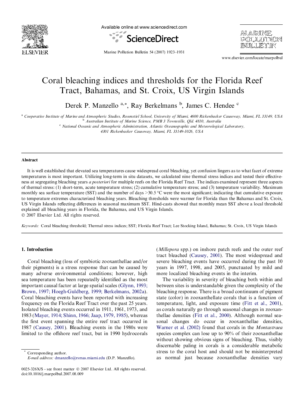 Coral bleaching indices and thresholds for the Florida Reef Tract, Bahamas, and St. Croix, US Virgin Islands