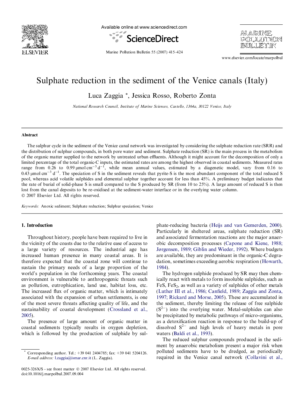 Sulphate reduction in the sediment of the Venice canals (Italy)