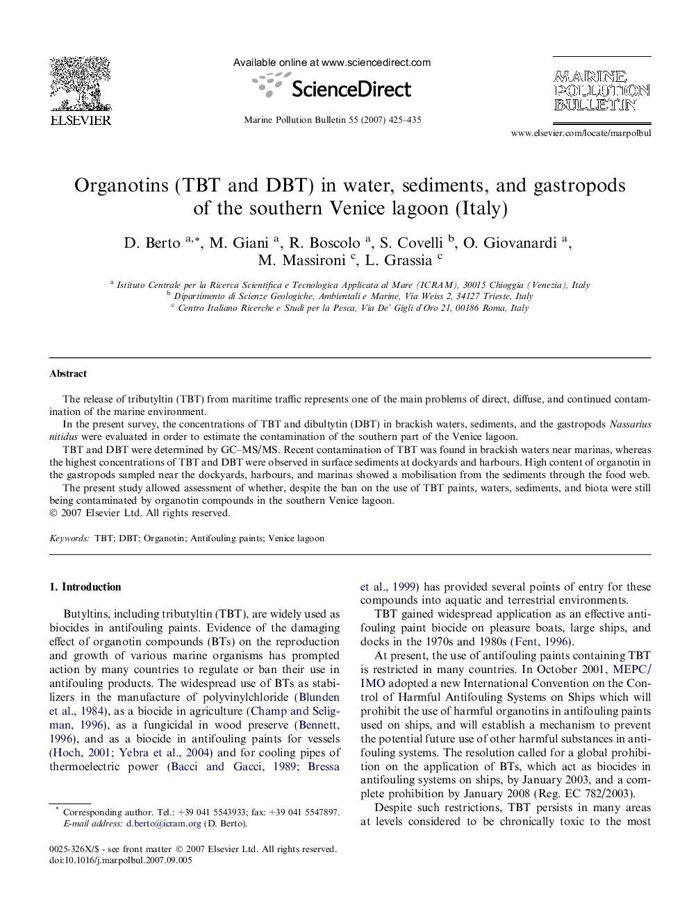 Organotins (TBT and DBT) in water, sediments, and gastropods of the southern Venice lagoon (Italy)