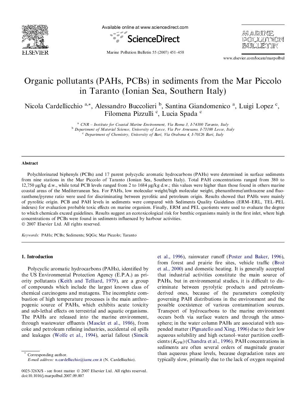 Organic pollutants (PAHs, PCBs) in sediments from the Mar Piccolo in Taranto (Ionian Sea, Southern Italy)