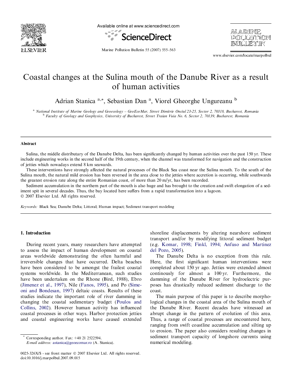 Coastal changes at the Sulina mouth of the Danube River as a result of human activities