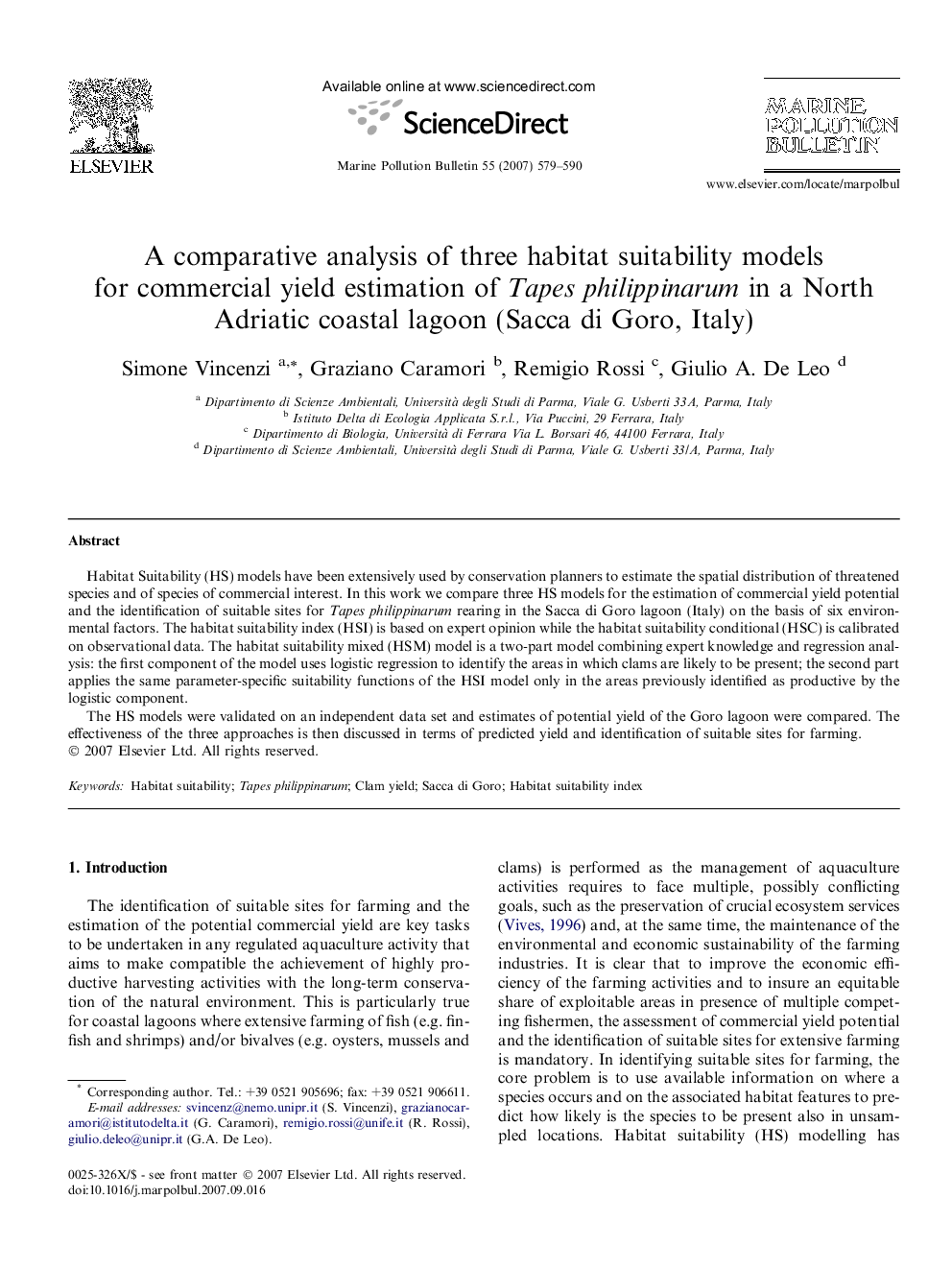 A comparative analysis of three habitat suitability models for commercial yield estimation of Tapes philippinarum in a North Adriatic coastal lagoon (Sacca di Goro, Italy)