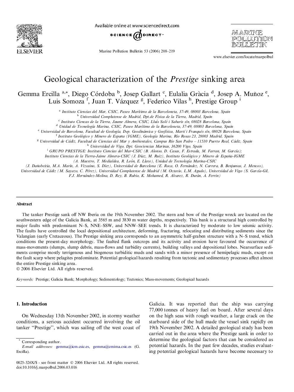 Geological characterization of the Prestige sinking area