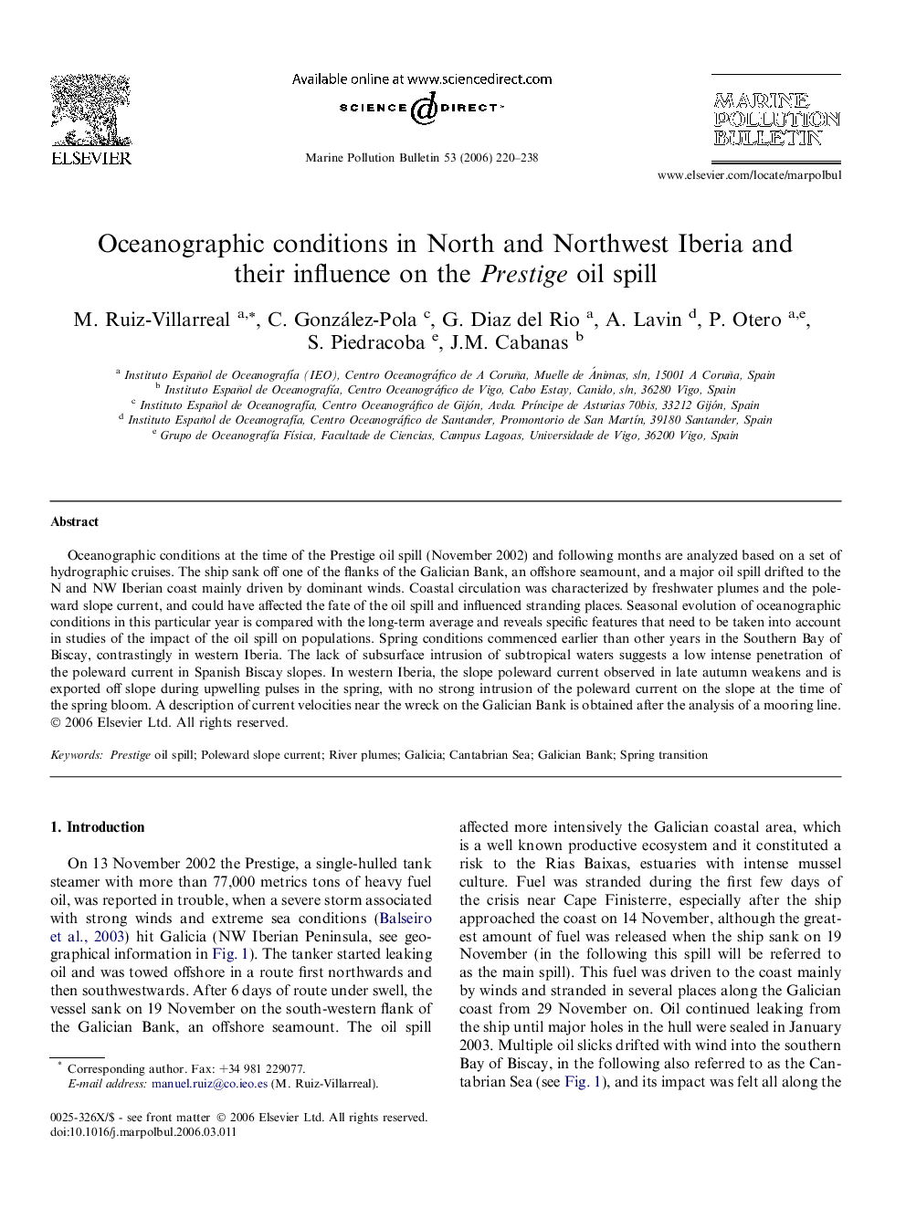 Oceanographic conditions in North and Northwest Iberia and their influence on the Prestige oil spill