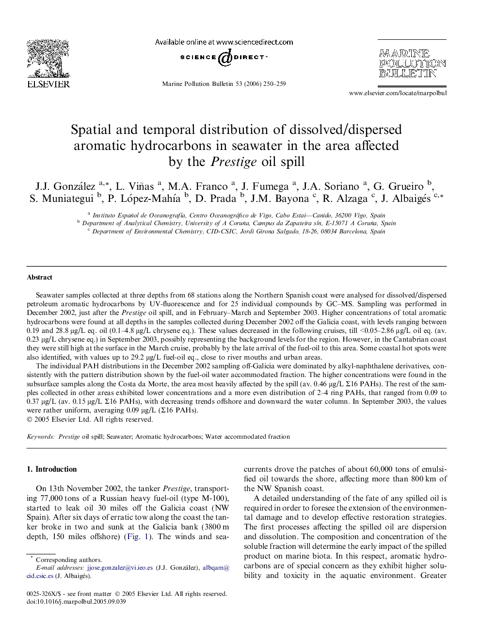 Spatial and temporal distribution of dissolved/dispersed aromatic hydrocarbons in seawater in the area affected by the Prestige oil spill