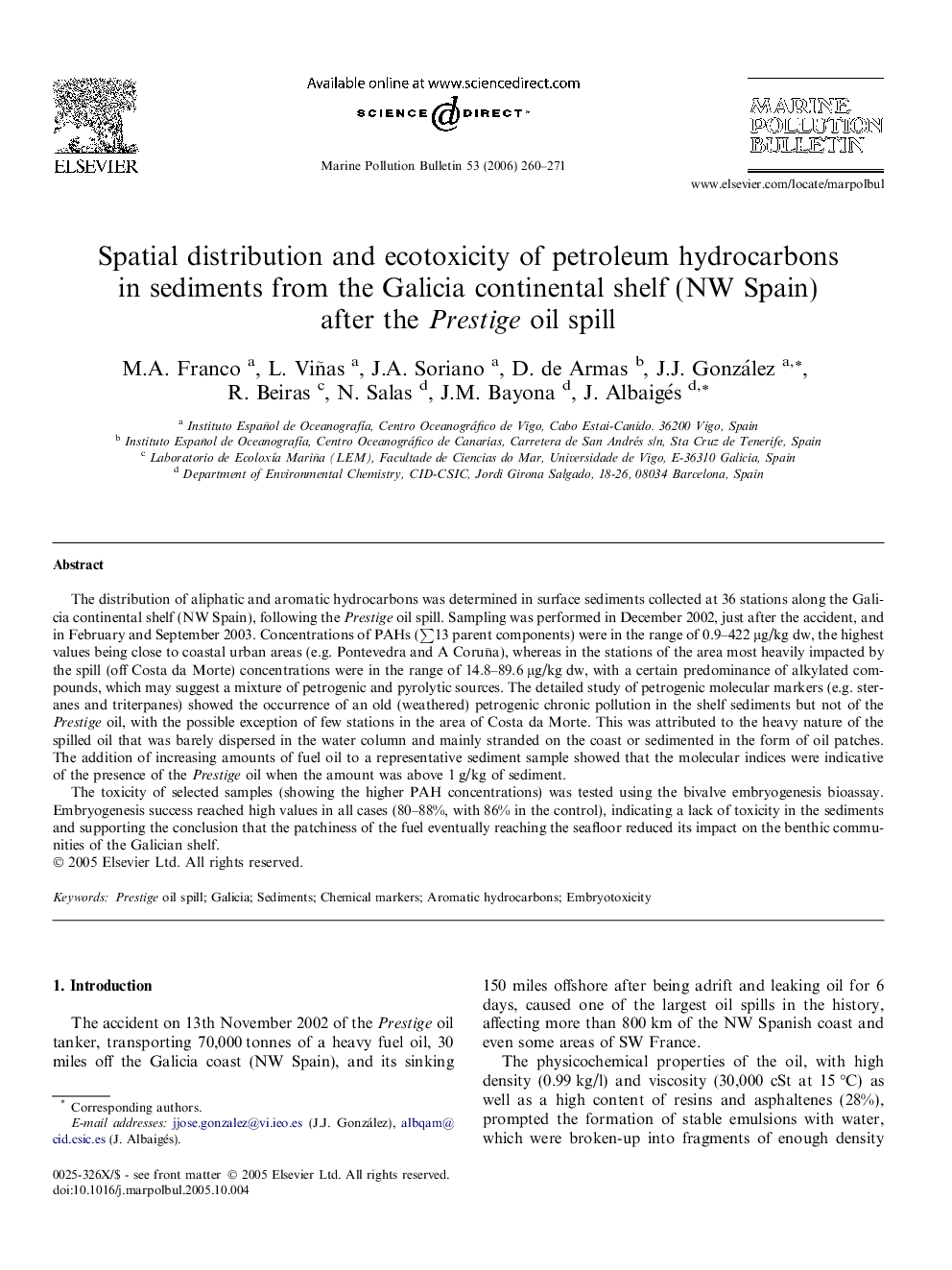 Spatial distribution and ecotoxicity of petroleum hydrocarbons in sediments from the Galicia continental shelf (NW Spain) after the Prestige oil spill