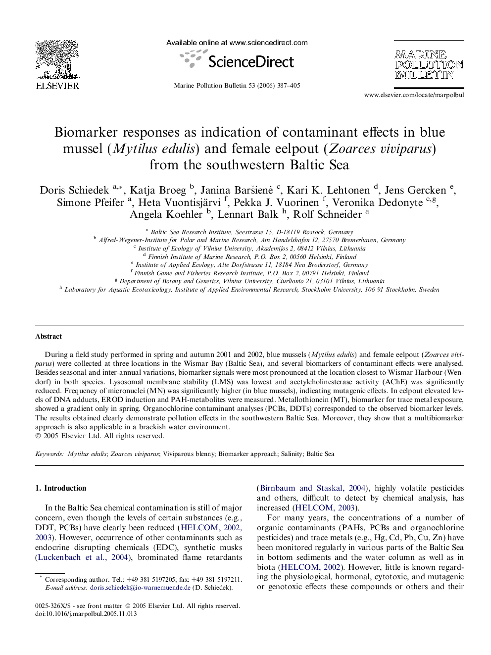 Biomarker responses as indication of contaminant effects in blue mussel (Mytilus edulis) and female eelpout (Zoarces viviparus) from the southwestern Baltic Sea