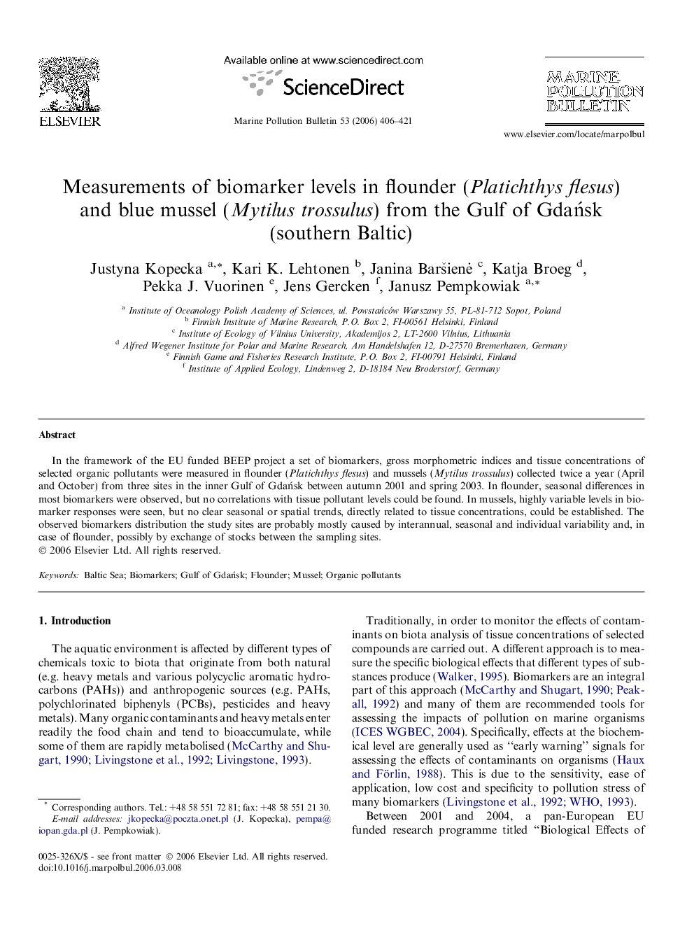 Measurements of biomarker levels in flounder (Platichthys flesus) and blue mussel (Mytilus trossulus) from the Gulf of Gdańsk (southern Baltic)