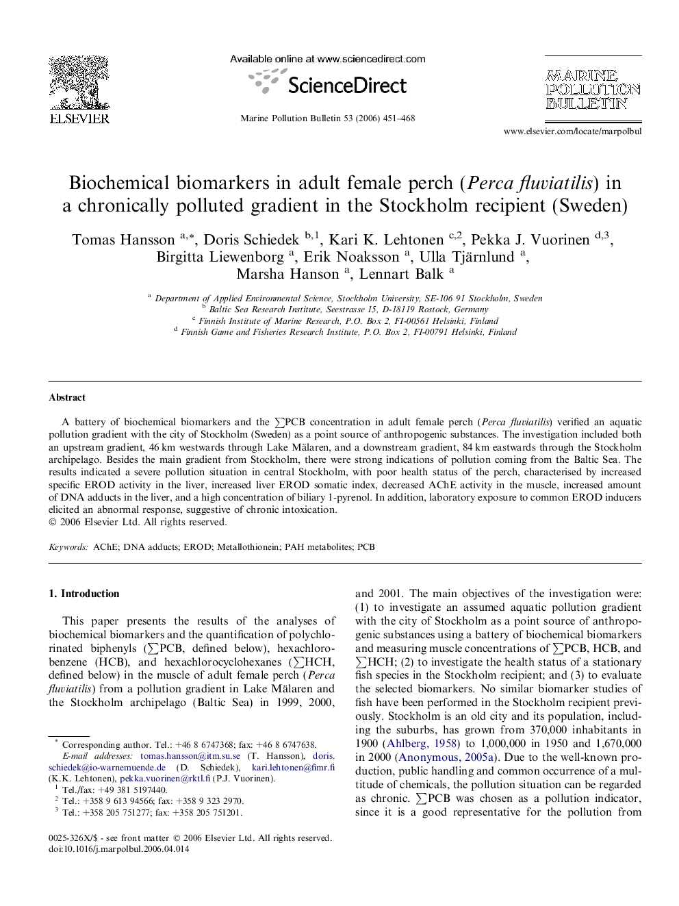 Biochemical biomarkers in adult female perch (Perca fluviatilis) in a chronically polluted gradient in the Stockholm recipient (Sweden)