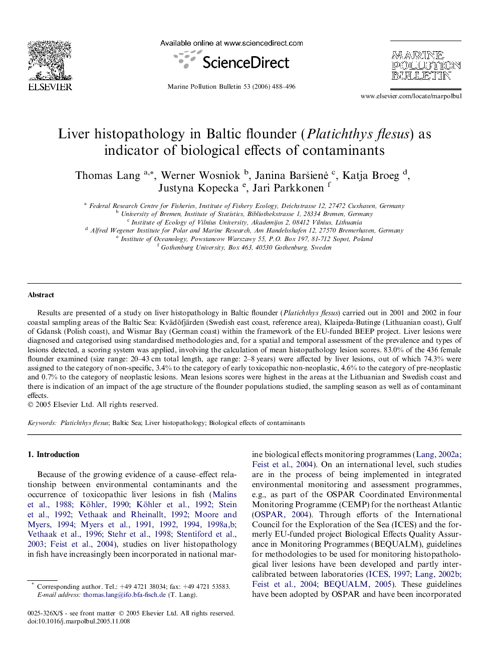 Liver histopathology in Baltic flounder (Platichthys flesus) as indicator of biological effects of contaminants