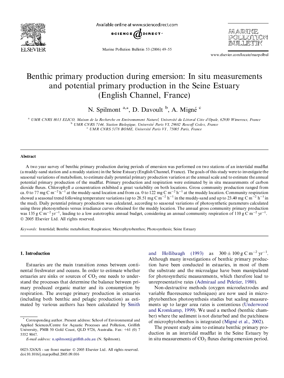 Benthic primary production during emersion: In situ measurements and potential primary production in the Seine Estuary (English Channel, France)