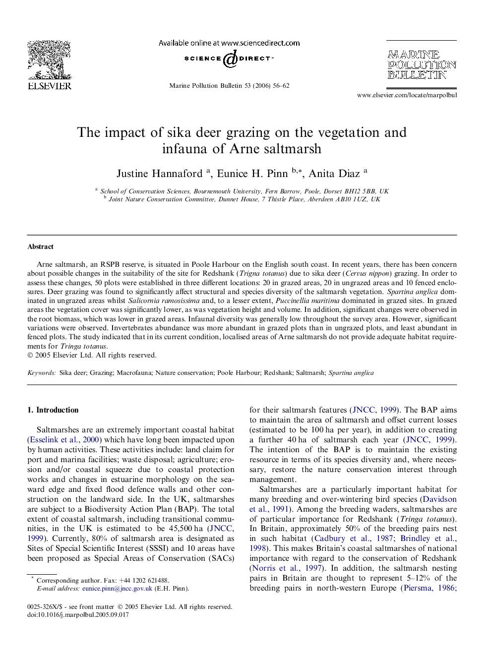 The impact of sika deer grazing on the vegetation and infauna of Arne saltmarsh