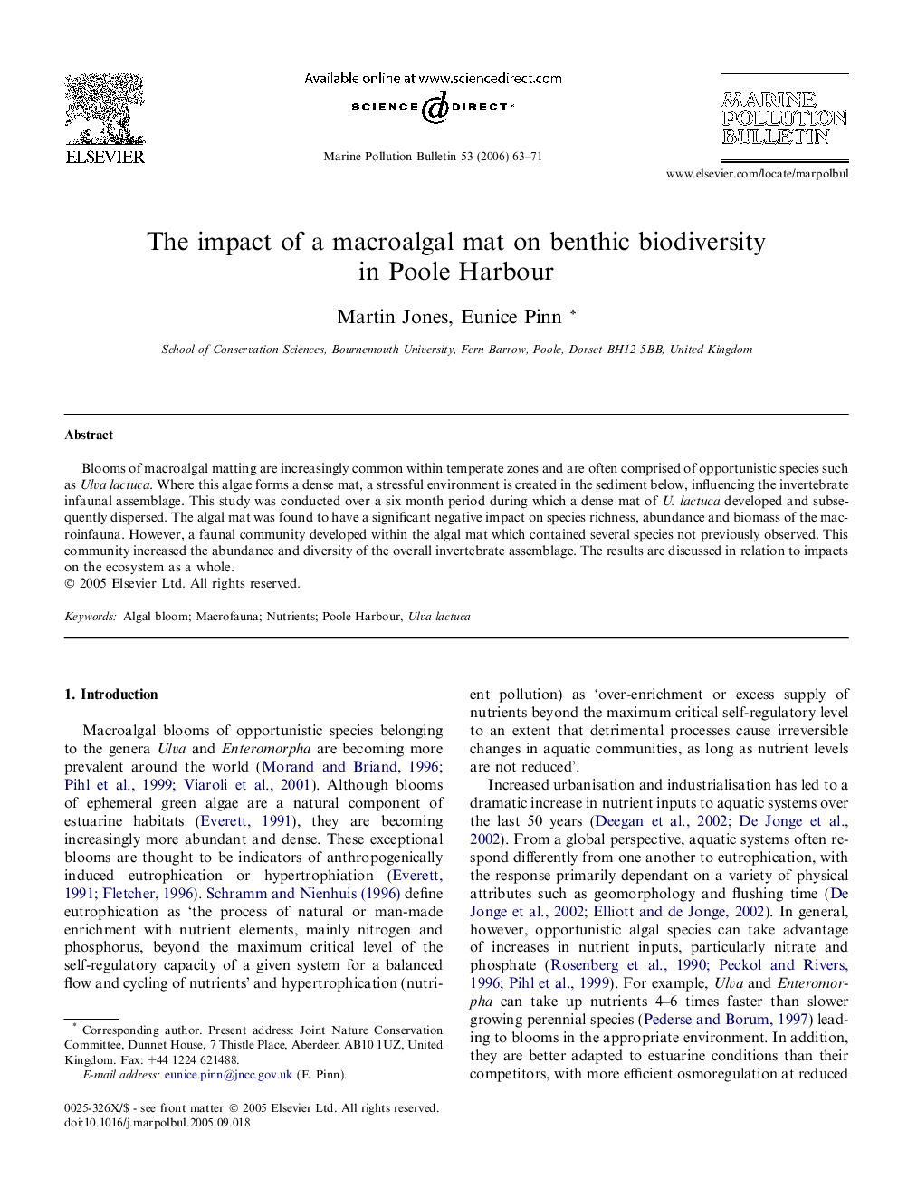 The impact of a macroalgal mat on benthic biodiversity in Poole Harbour