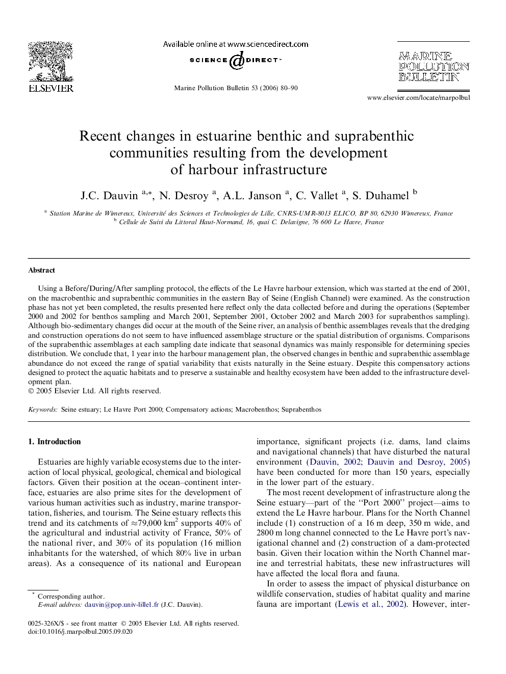 Recent changes in estuarine benthic and suprabenthic communities resulting from the development of harbour infrastructure