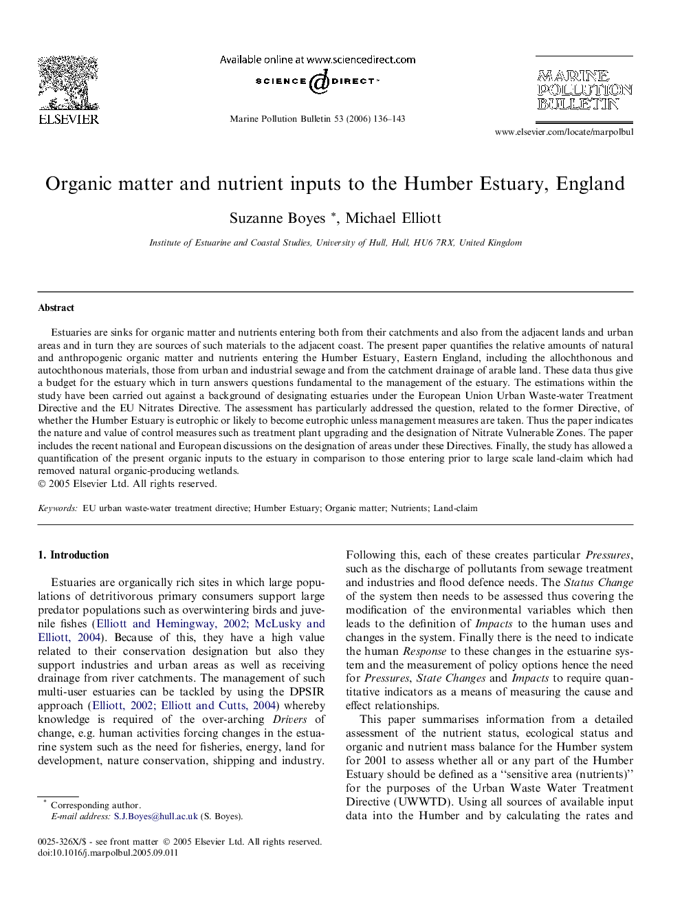 Organic matter and nutrient inputs to the Humber Estuary, England