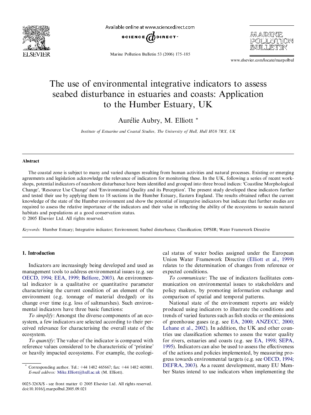 The use of environmental integrative indicators to assess seabed disturbance in estuaries and coasts: Application to the Humber Estuary, UK