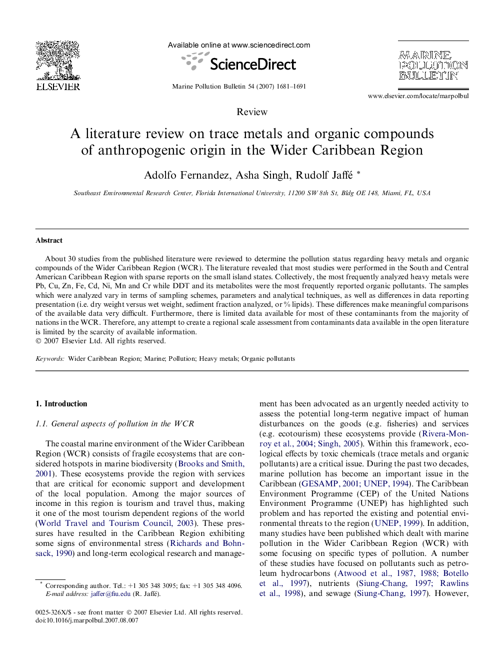 A literature review on trace metals and organic compounds of anthropogenic origin in the Wider Caribbean Region