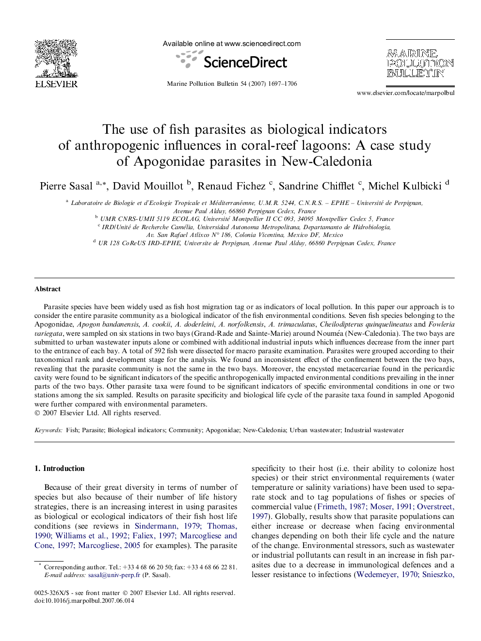 عکس صفحه اول مقاله: The use of fish parasites as biological indicators of anthropogenic influences in coral-reef lagoons: A case study of Apogonidae parasites in New-Caledonia The use of fish parasites as biological indicators of anthropogenic influences in coral-reef lagoons: A case study of Apogonidae parasites in New-Caledonia