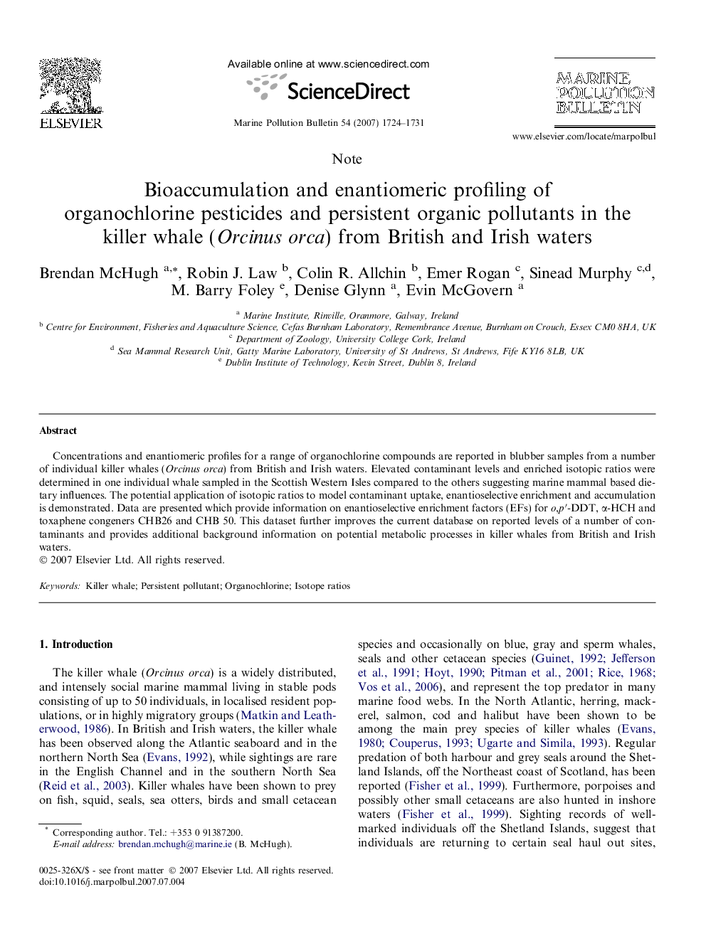 Bioaccumulation and enantiomeric profiling of organochlorine pesticides and persistent organic pollutants in the killer whale (Orcinus orca) from British and Irish waters