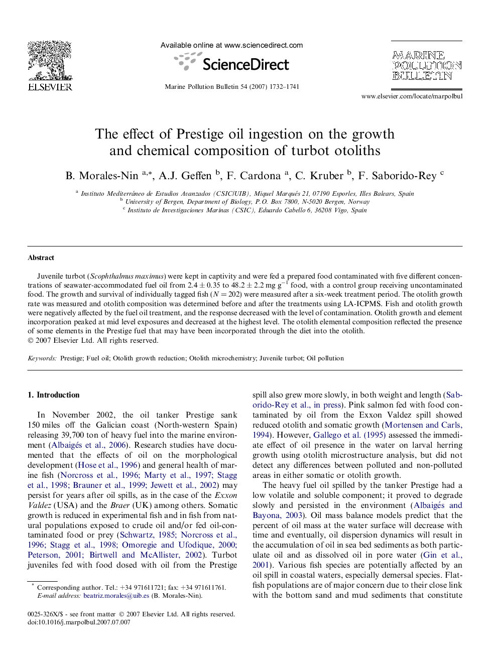 The effect of Prestige oil ingestion on the growth and chemical composition of turbot otoliths