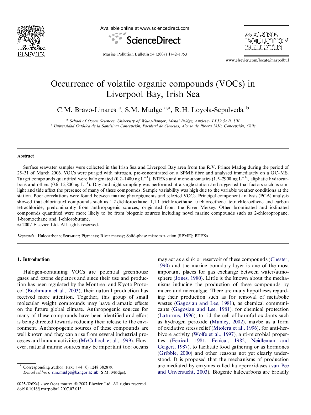 Occurrence of volatile organic compounds (VOCs) in Liverpool Bay, Irish Sea