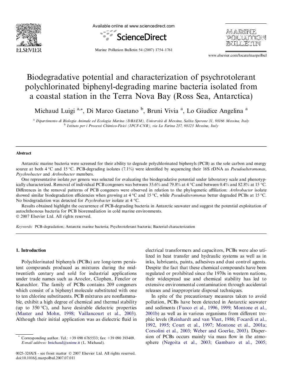 Biodegradative potential and characterization of psychrotolerant polychlorinated biphenyl-degrading marine bacteria isolated from a coastal station in the Terra Nova Bay (Ross Sea, Antarctica)