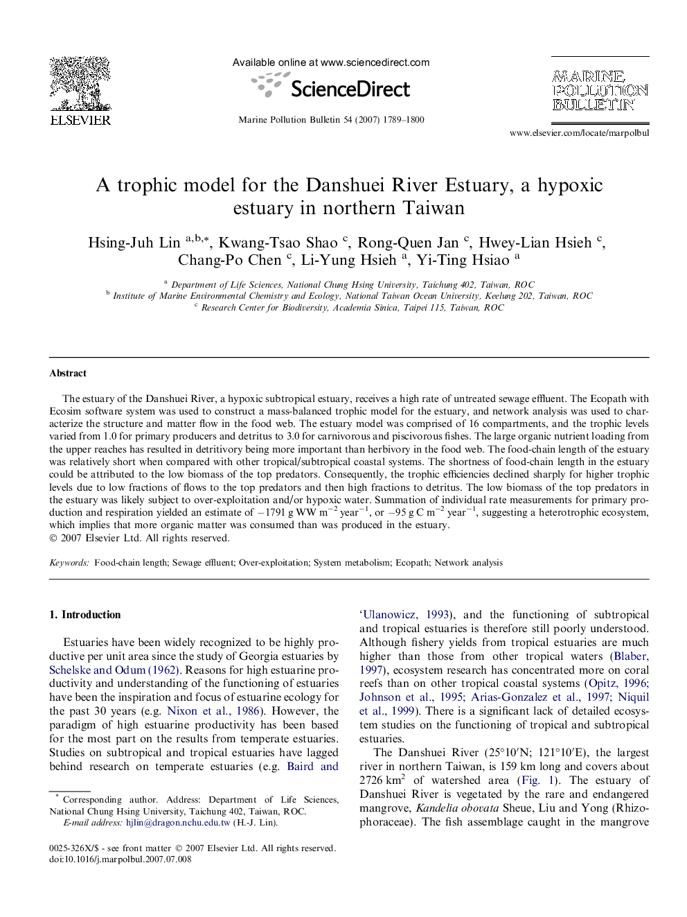 A trophic model for the Danshuei River Estuary, a hypoxic estuary in northern Taiwan