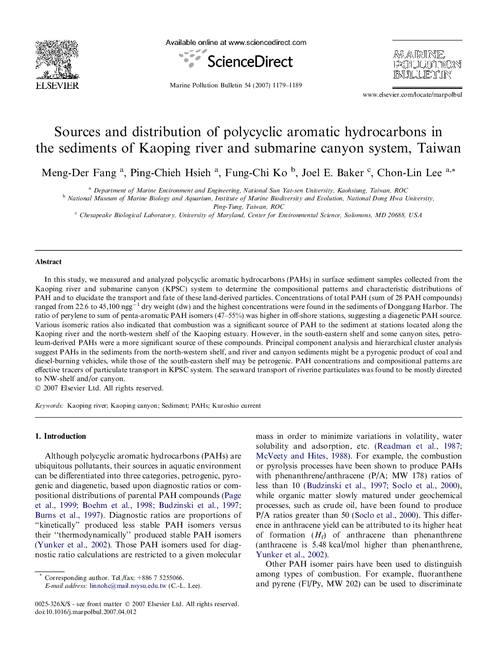 Sources and distribution of polycyclic aromatic hydrocarbons in the sediments of Kaoping river and submarine canyon system, Taiwan