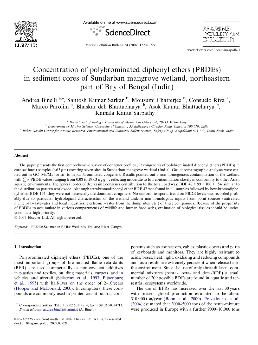 Concentration of polybrominated diphenyl ethers (PBDEs) in sediment cores of Sundarban mangrove wetland, northeastern part of Bay of Bengal (India)