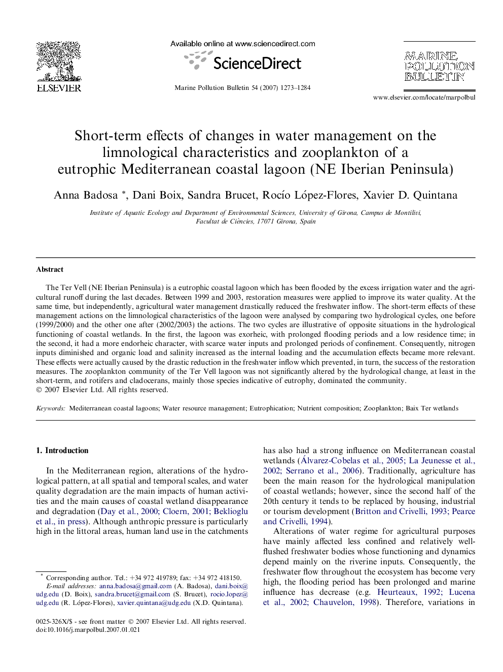 Short-term effects of changes in water management on the limnological characteristics and zooplankton of a eutrophic Mediterranean coastal lagoon (NE Iberian Peninsula)