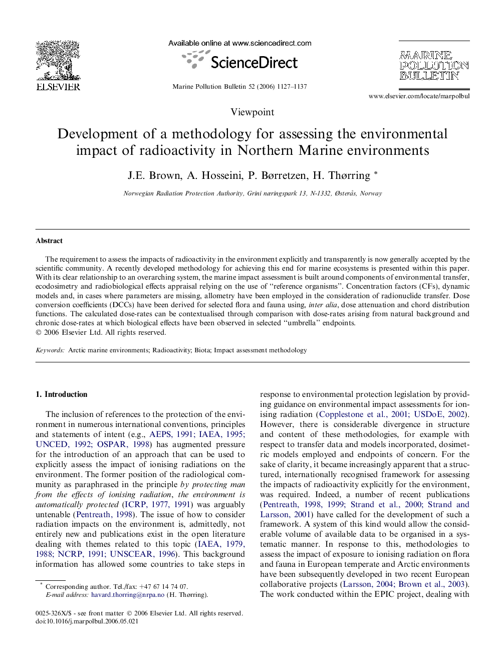 Development of a methodology for assessing the environmental impact of radioactivity in Northern Marine environments