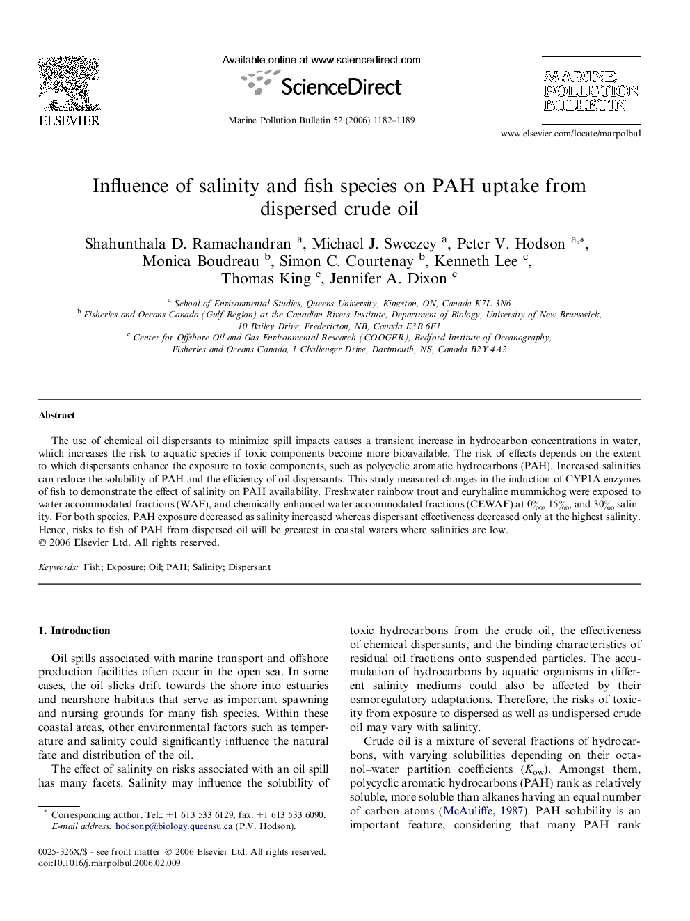 Influence of salinity and fish species on PAH uptake from dispersed crude oil