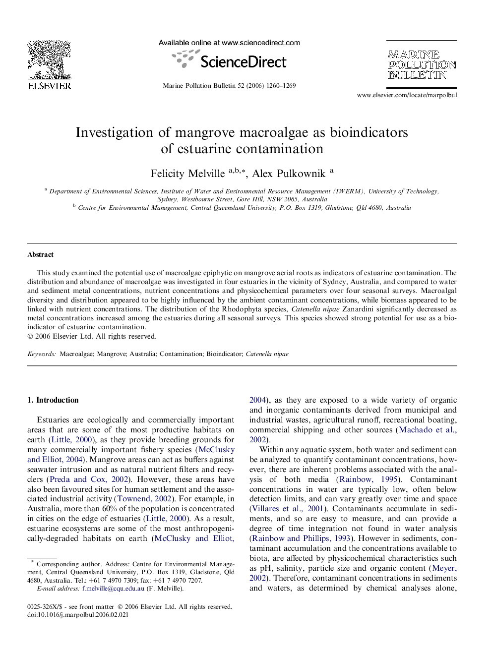 Investigation of mangrove macroalgae as bioindicators of estuarine contamination