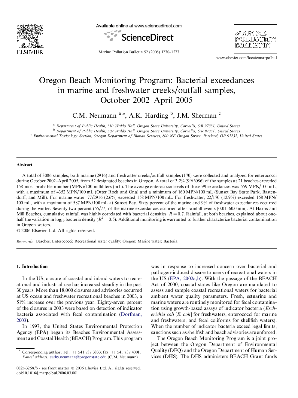 Oregon Beach Monitoring Program: Bacterial exceedances in marine and freshwater creeks/outfall samples, October 2002-April 2005