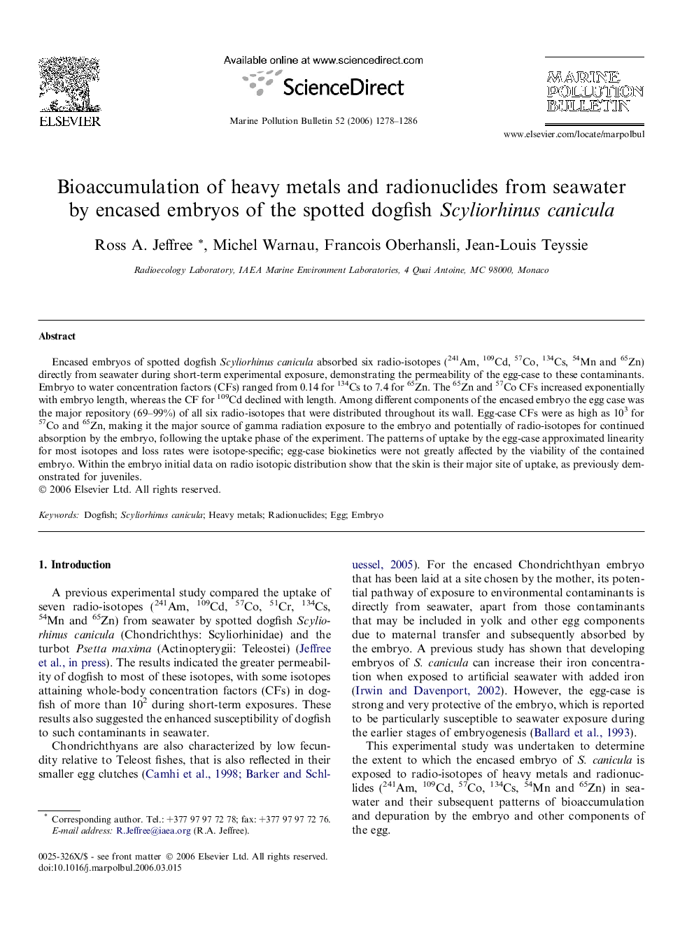 Bioaccumulation of heavy metals and radionuclides from seawater by encased embryos of the spotted dogfish Scyliorhinus canicula