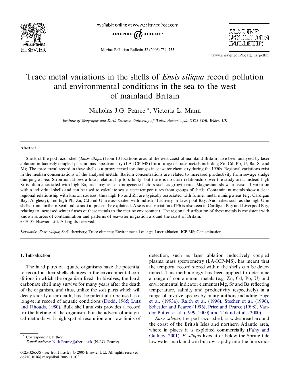 Trace metal variations in the shells of Ensis siliqua record pollution and environmental conditions in the sea to the west of mainland Britain