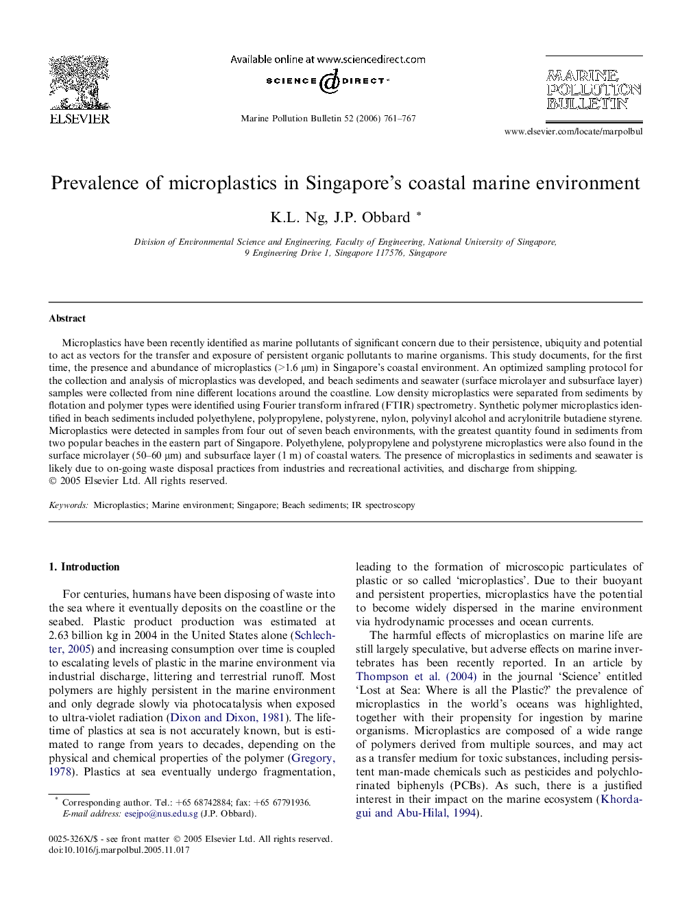 Prevalence of microplastics in Singapore’s coastal marine environment