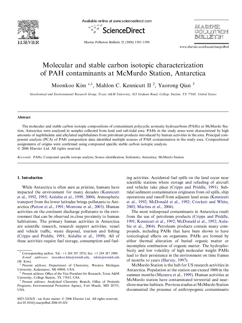 Molecular and stable carbon isotopic characterization of PAH contaminants at McMurdo Station, Antarctica