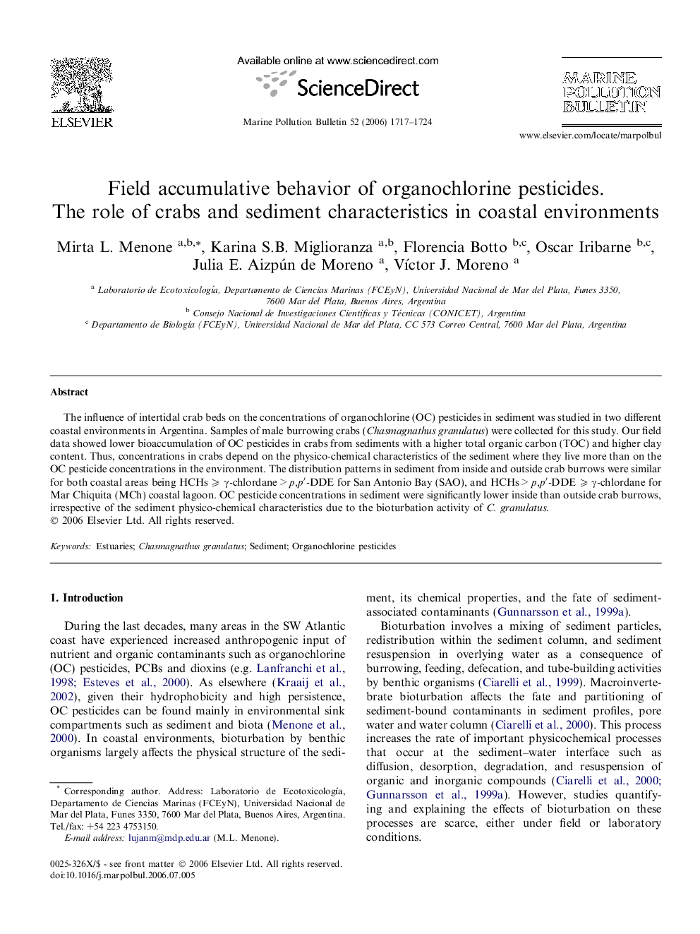 Field accumulative behavior of organochlorine pesticides. The role of crabs and sediment characteristics in coastal environments