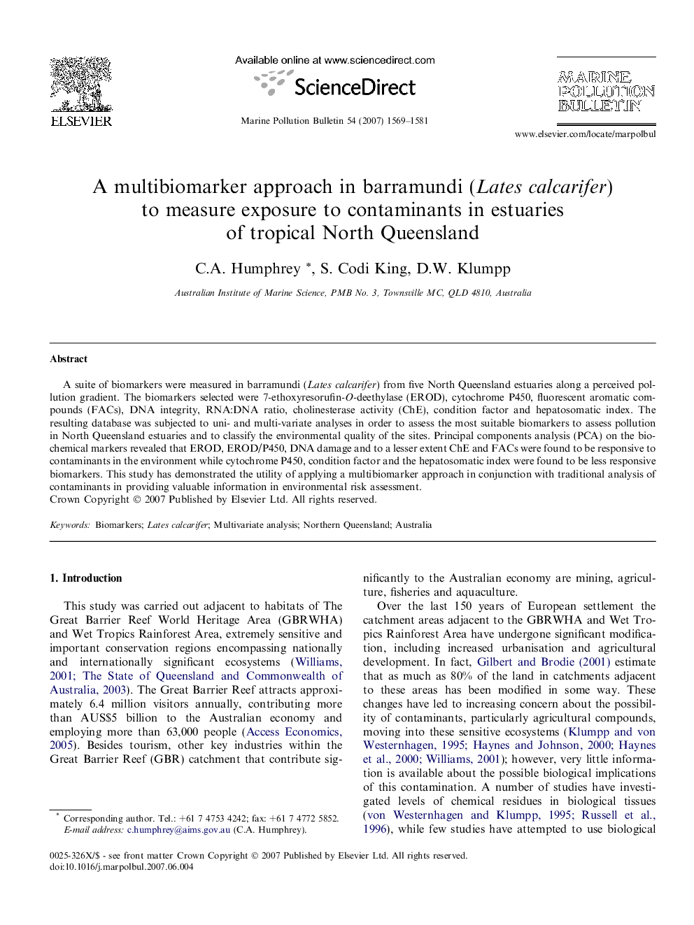 A multibiomarker approach in barramundi (Lates calcarifer) to measure exposure to contaminants in estuaries of tropical North Queensland