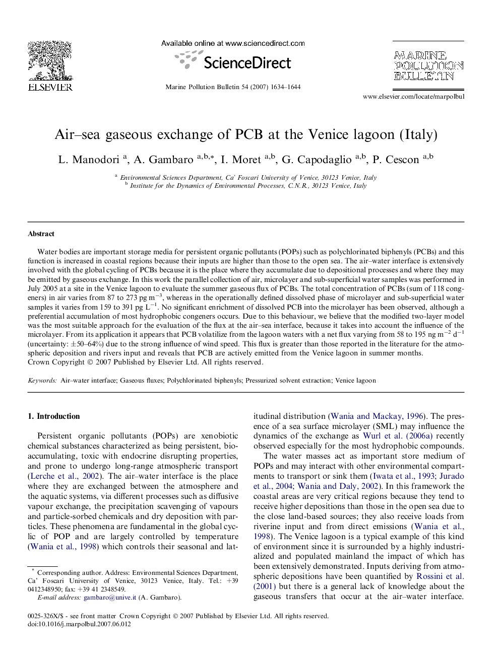 Air–sea gaseous exchange of PCB at the Venice lagoon (Italy)