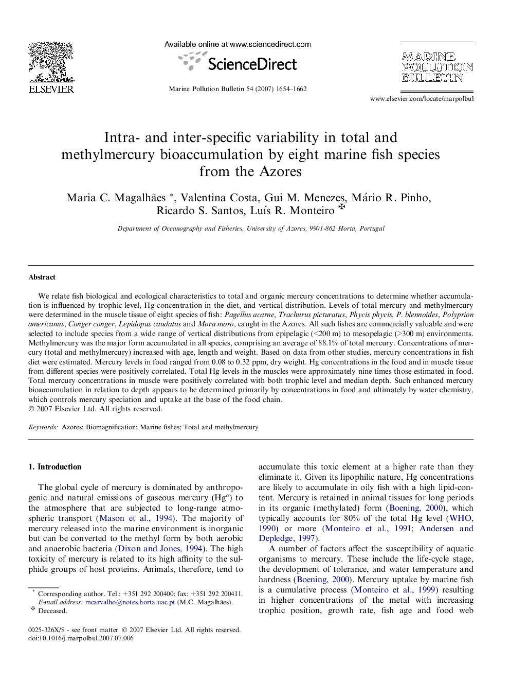 Intra- and inter-specific variability in total and methylmercury bioaccumulation by eight marine fish species from the Azores