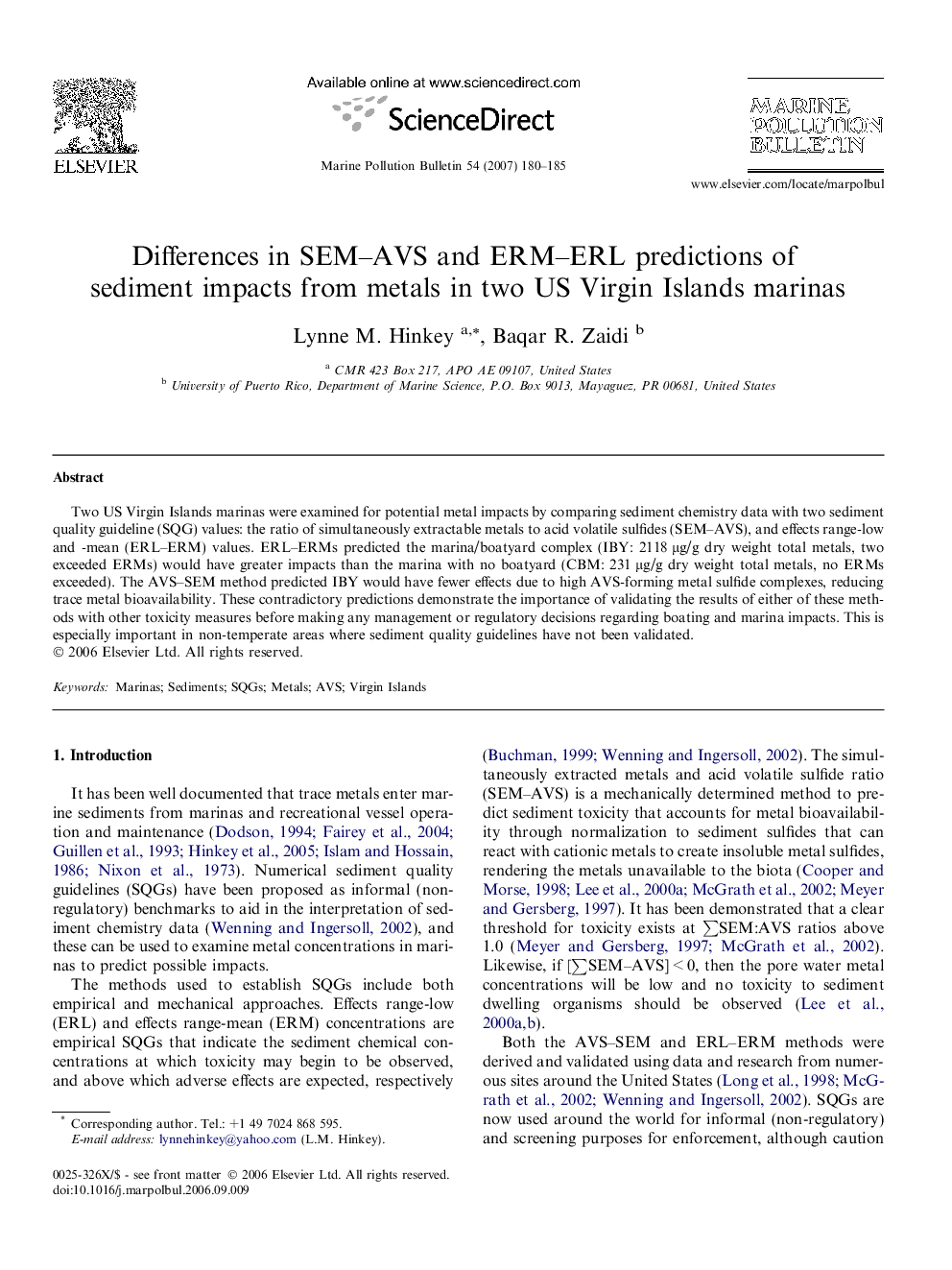 Differences in SEM–AVS and ERM–ERL predictions of sediment impacts from metals in two US Virgin Islands marinas